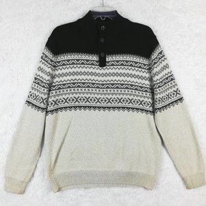 Chaps Mens Sweater Pullover Mock Neck‎ 3 Button Black Cream Geometric Stripe M